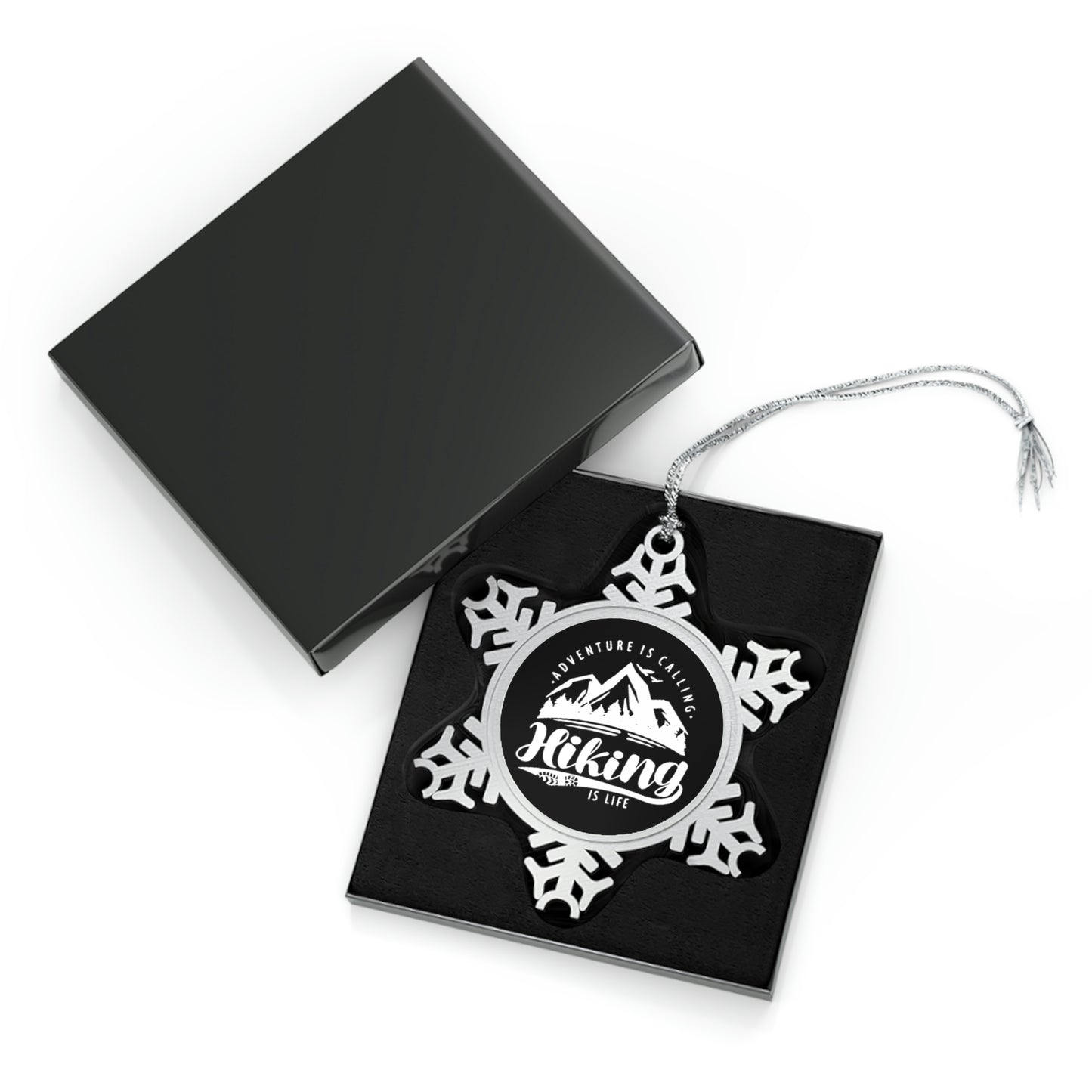Hiking Is Life WHT on BLK - Pewter Snowflake Ornament
